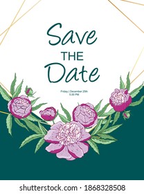 Wedding invitation with pink peonies on an green background.