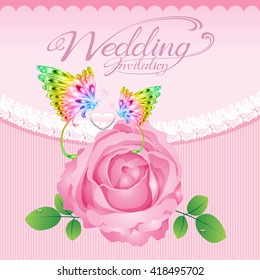 Wedding invitation pink roses and butterfly color