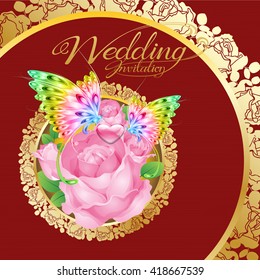 Wedding invitation pink roses and butterfly color 