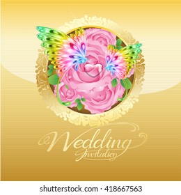 Wedding invitation pink roses and butterfly color 