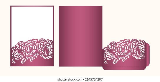 Wedding invitation pocket envelope with cutout Peony flowers, Laser cut template, vector.