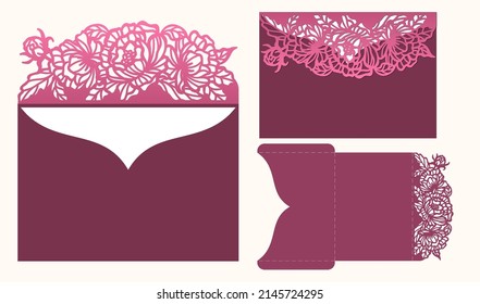 Wedding invitation pocket envelope with pattern of Peony flowers, Laser cut template, vector.
