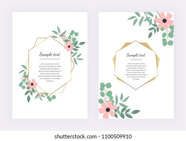 Wedding invitation with polygonal geometric frame, golden lines with leaves eucalyptus. Botanical design template for save the date, banner, poster, card, placard, flyer, invite
