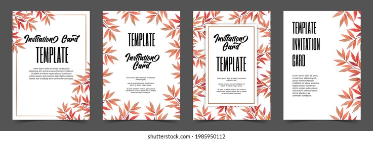 Wedding invitation postcard. Autumn red yellow leaves. Abstract templates elements. Suitable for social media posts, banners design, web internet ads. Vector backgrounds.