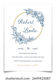 Cartão postal convite casamento com coroa floral de arte de linha azul no estilo toile de jouy. Elegante tipografia de ouro manuscrita em quadro redondo gravado flor. Cartão de saudação de casamento. Ilustração vetorial.