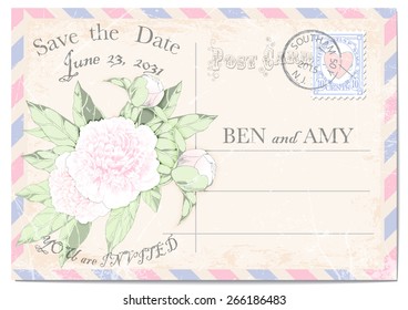 wedding invitation postcard with a peonies,colourful frame, a postage-stamp, stamp, scratches and stains.vector illustration