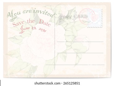 wedding invitation postcard. Save the date peonies on pink background.vector illustration