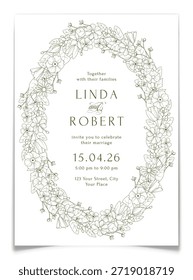 Wedding invitation postcard template with botanical floral wreath. Green line art wildflower frame with daisy, tulip and berry. Minimalist marriage celebration invite card design. Vector illustration.