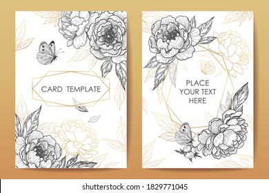 Wedding invitation, poster, greeting card template design with hand drawn peonies, butterflies and geometrical polyhedron. Vector elegant illustration in vintage style with black and golden flowers.