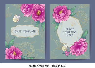 Wedding invitation, poster, greeting card template design with peonies, butterflies and geometrical polyhedron. Vector elegant illustration in vintage style with pink and golden flowers.