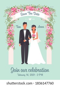 Wedding invitation poster. Solemn happy wedding ceremony romantic couple groom in tuxedo and bride in white dress with veil and bouquet happy day of beautiful relationship. Cartoon banner vector.