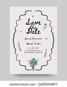 Wedding invitation poster with whimsical frame border. floral and bow ribbon illustration. save the date poster.