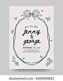 Wedding invitation poster with whimsical ribbon bow frame floral illustration.