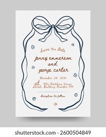 Wedding invitation poster with whimsical ribbon bow frame floral illustration.