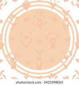 Wedding invitation print in peach fuzz. Seamless pattern vector illustration. Flowers and hearts design with circles, flourishes, and butterflies on a white background. Simple, flat and elegant print.
