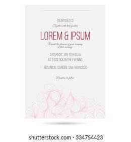 Wedding invitation print template  with fluid light rose petals and light gray background