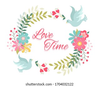 Wedding invitation printable template with floral wreath and doves white background