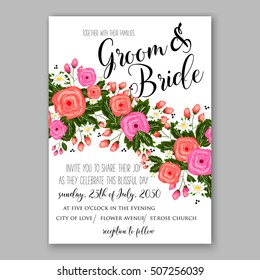 Wedding invitation printable template with floral wreath or bouquet of rose flower and daisy Romantic pink peony bouquet bride wedding invitation template design.  Bridal shower invitation card 