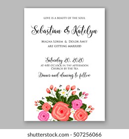 Wedding invitation printable template with floral wreath or bouquet of rose flower and daisy Romantic pink peony bouquet bride wedding invitation template design.  Bridal shower invitation card 