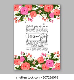Wedding invitation printable template with floral wreath or bouquet of rose flower and daisy Romantic pink peony bouquet bride wedding invitation template design.  Bridal shower invitation card 