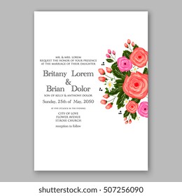Wedding invitation printable template with floral wreath or bouquet of rose flower and daisy Romantic pink peony bouquet bride wedding invitation template design.  Bridal shower invitation card 