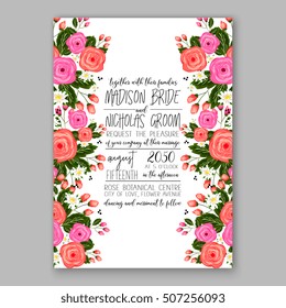 Wedding invitation printable template with floral wreath or bouquet of rose flower and daisy Romantic pink peony bouquet bride wedding invitation template design.  Bridal shower invitation card 