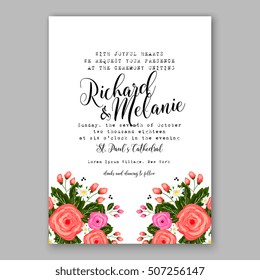 Wedding invitation printable template with floral wreath or bouquet of rose flower and daisy Romantic pink peony bouquet bride wedding invitation template design.  Bridal shower invitation card 