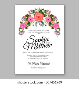 Wedding invitation printable template with floral wreath or bouquet of rose flower and daisy Romantic pink peony bouquet bride wedding invitation template design.  Bridal shower invitation card 