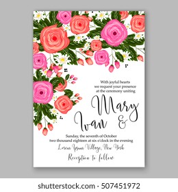 Wedding invitation printable template with floral wreath or bouquet of rose flower and daisy Romantic pink peony bouquet bride wedding invitation template design.  Bridal shower invitation card 