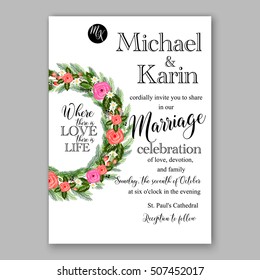 Wedding invitation printable template with floral wreath or bouquet of rose flower and daisy Romantic pink peony bouquet bride wedding invitation template design.  Bridal shower invitation card 