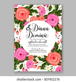 Wedding invitation printable template with floral wreath or bouquet of rose flower and daisy Romantic pink peony bouquet bride wedding invitation template design.  Bridal shower invitation card 