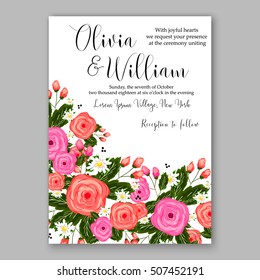 Wedding invitation printable template with floral wreath or bouquet of rose flower and daisy Romantic pink peony bouquet bride wedding invitation template design.  Bridal shower invitation card 