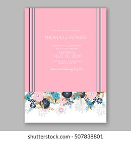 Wedding invitation printable template with floral wreath or bouquet of rose flower and daisy Romantic pink peony bouquet bride wedding invitation template design.  Bridal shower invitation card 