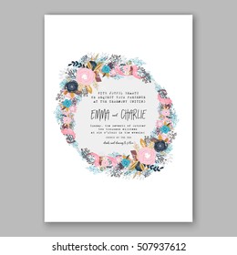 Wedding invitation printable template with floral wreath or bouquet of rose flower and daisy Romantic pink peony bouquet bride wedding invitation template design.  Bridal shower invitation card 