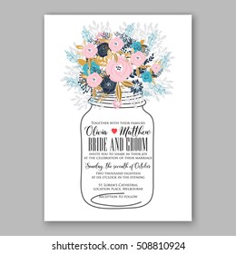 Wedding invitation printable template with floral wreath or bouquet of rose flower and daisy Romantic pink peony bouquet bride wedding invitation template design.  Bridal shower invitation  Mason Jar