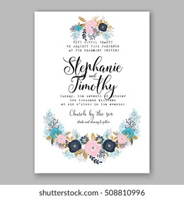 Wedding invitation printable template with floral wreath or bouquet of rose flower and daisy Romantic pink peony bouquet bride wedding invitation template design.  Bridal shower invitation card 