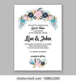 Wedding invitation printable template with floral wreath or bouquet of rose flower and daisy Romantic pink peony bouquet bride wedding invitation template design.  Bridal shower invitation card 