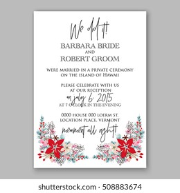 Wedding invitation printable template with floral wreath or bouquet of rose, peony flowers and daisy and poinsettia, pine branch