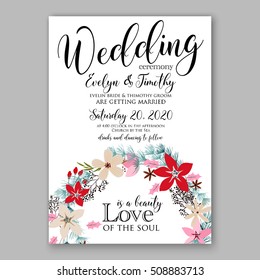 Wedding invitation printable template with floral wreath or bouquet of rose, peony flowers and daisy and poinsettia, pine branch