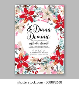 Wedding invitation printable template with floral wreath or bouquet of rose, peony flowers and daisy and poinsettia, pine branch