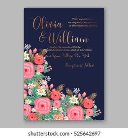 Wedding invitation printable template with floral wreath or bouquet of rose flower and daisy Romantic pink peony bouquet bride wedding invitation template design. Bridal shower invitation card
