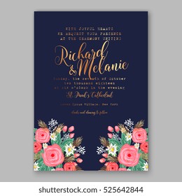 Wedding invitation printable template with floral wreath or bouquet of rose flower and daisy Romantic pink peony bouquet bride wedding invitation template design. Bridal shower invitation card