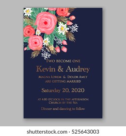 Wedding invitation printable template with floral wreath or bouquet of rose flower and daisy Romantic pink peony bouquet bride wedding invitation template design. Bridal shower invitation card