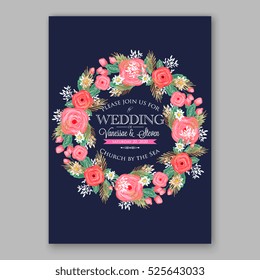 Wedding invitation printable template with floral wreath or bouquet of rose flower and daisy Romantic pink peony bouquet bride wedding invitation template design. Bridal shower invitation card