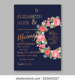 Wedding invitation printable template with floral wreath or bouquet of rose flower and daisy Romantic pink peony bouquet bride wedding invitation template design. Bridal shower invitation card