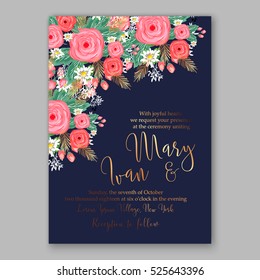 Wedding invitation printable template with floral wreath or bouquet of rose flower and daisy Romantic pink peony bouquet bride wedding invitation template design. Bridal shower invitation card