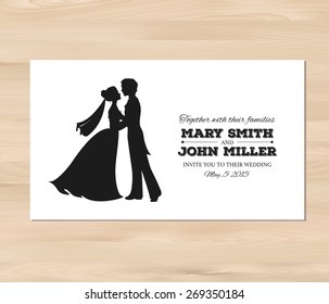 Wedding invitation with profile silhouettes of bride and groom. Card template on a wooden background. EPS 8 vector. Free fonts used: Nexa Rust, Alex Brush, Crimson