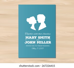 Wedding invitation with profile silhouettes of man and woman. Card template on a wooden background. EPS 8 vector. Free fonts used: Nexa Rust, Alex Brush, Crimson