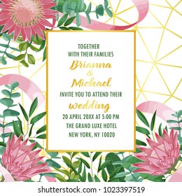Wedding Invitation with Protea and Greenery on Geometric Background