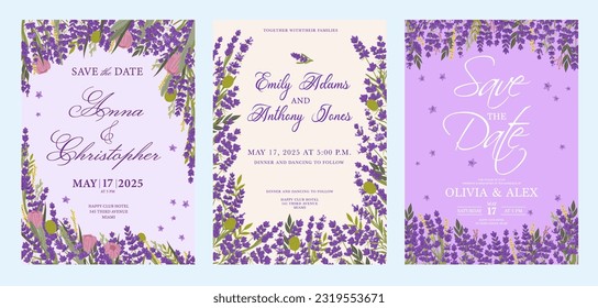 Invitación a la boda con flores de lavanda morada. Tarjetas de saludo floral con bordes vectoriales de flores de primavera, plantas y hierbas de jardín, lavanda, flores de croco y de trébol, hojas y ramas